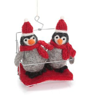 Baby Penguins in Ski Chair Lift. Unique handmade Christmas Decorations from Amica Felt