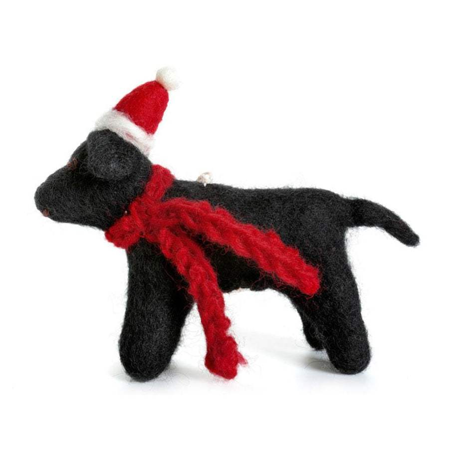 Black Labrador with Hat and Scarf. Unique handmade Christmas Decorations from Amica Felt