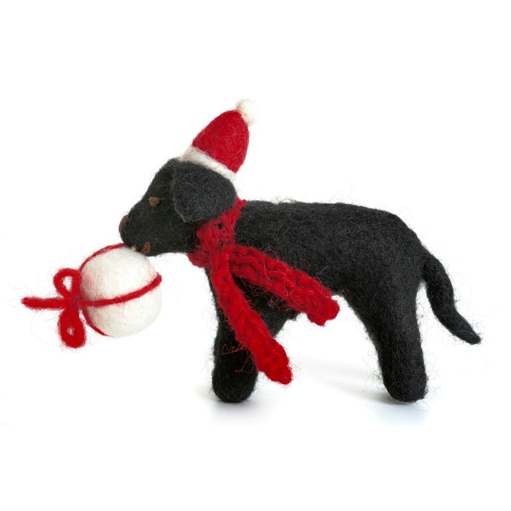 Black Labrador with Present. Unique handmade Christmas Decorations from Amica Felt
