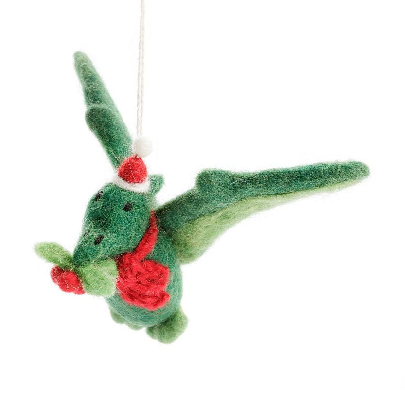 Pterodactyl with Holly Sprig. Handmade Dinosaur Christmas Decorations from Amica Felt