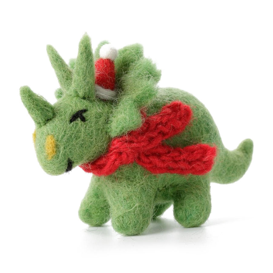 Triceratops in Hat & Scarf. Handmade Dinosaur Christmas Decorations from Amica Felt